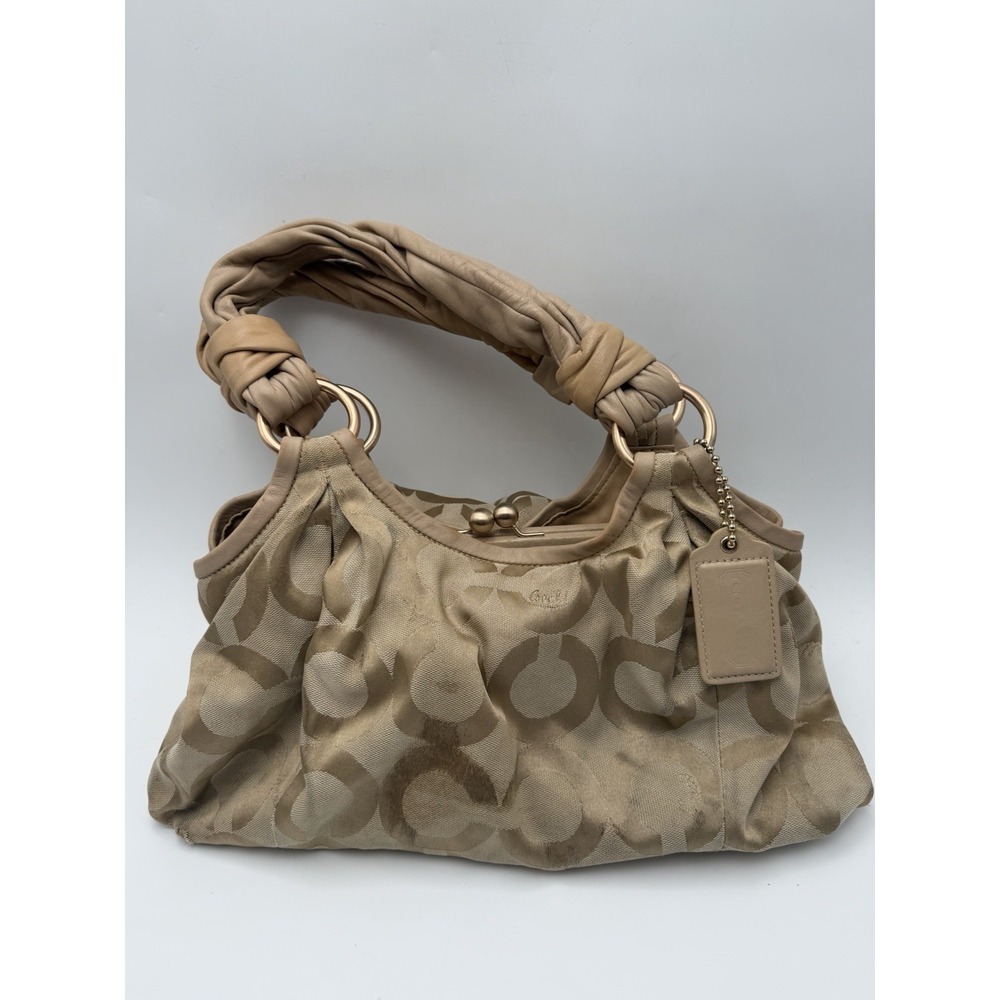 Coach Beige Authentic Canvas Handbag W/ Kiss Lock & Leather Straps L0893-13441